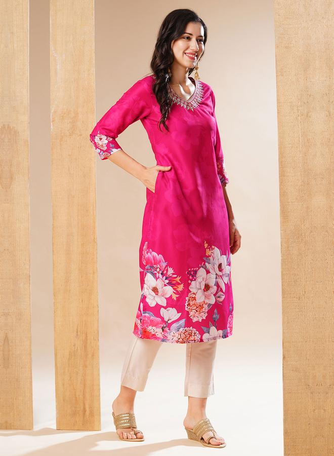 globus Floral Print V Neck Straight Kurta - Image 1